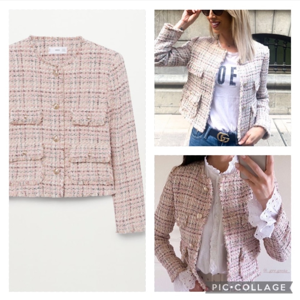 MANGO pink tweed collarless flap pockets jacket blogger zara competitor brand